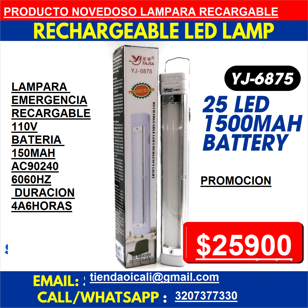 LINTERNA LAMPARA 25LED RECARGABLE YJ-6875