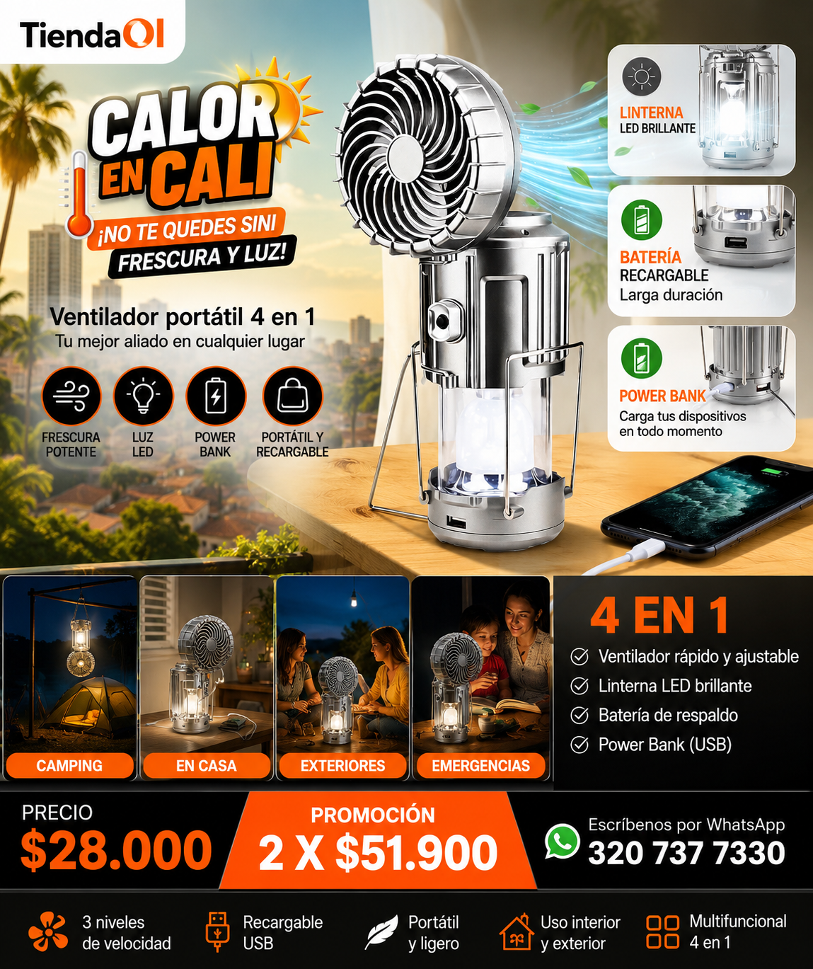 LINTERNA VENTILADOR SOLAR CAMPING GSH-9299 Promo combo