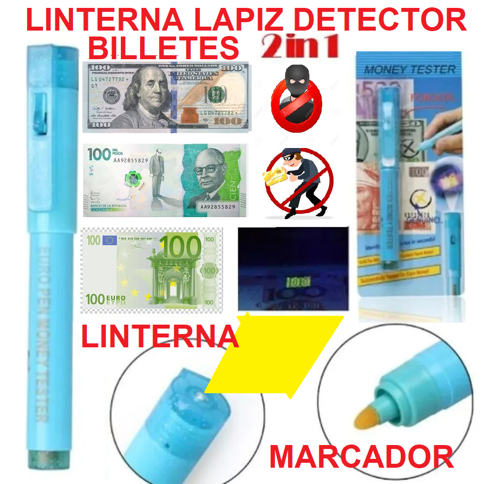 LAPIZ MAGICO Y LINTERNA UV DETECTOR DE BILLETES FALSOS 2X$25MIL