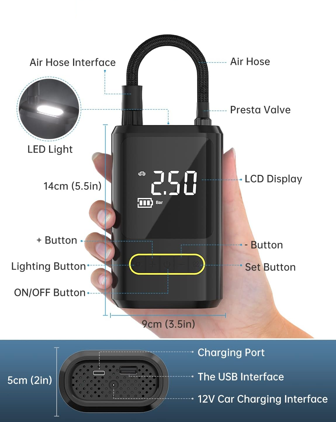 COMPRESOR CAR AIR PUMP ATJ-8466 mini inflador recargable de 130 psi, negra, 4000 mah - Imagen 9