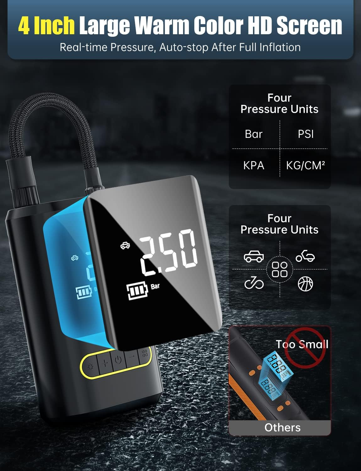 COMPRESOR CAR AIR PUMP ATJ-8466 mini inflador recargable de 130 psi, negra, 4000 mah - Imagen 8