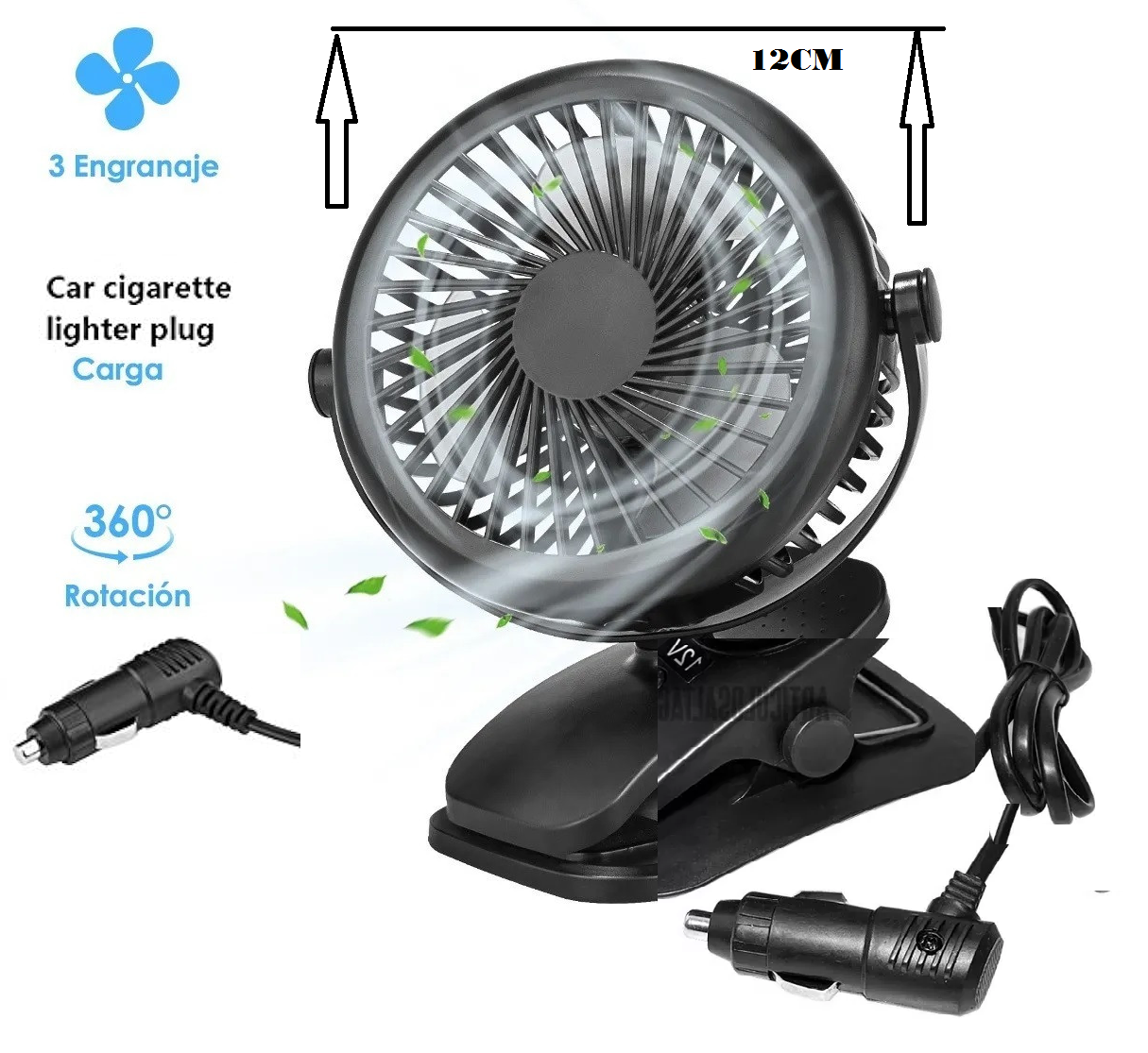 VENTILADOR Gancho  encendedor Carro 12v negro 12cm