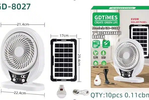 VENTILADOR solar LAMPARA aspas 2 Velocidades 8" Led y Panel Solar. gd-8027