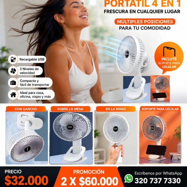 VENTILADOR con clip mano y escritorio recargable