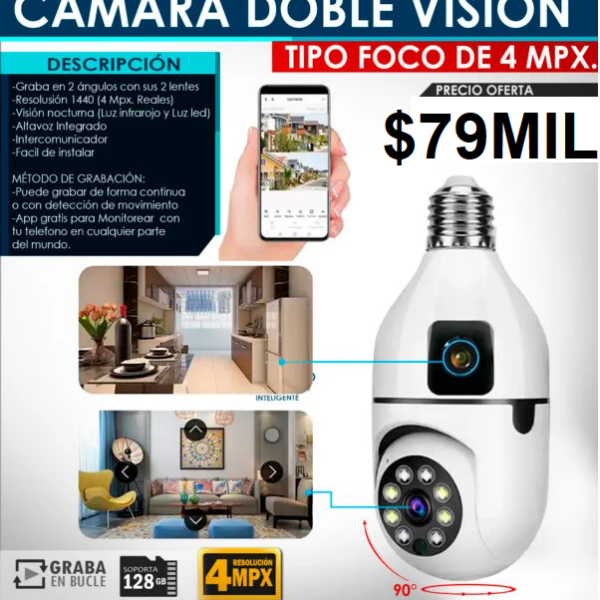 CÁMARA doble Seguridad bombillo giratorio wifi panoramico robotizado