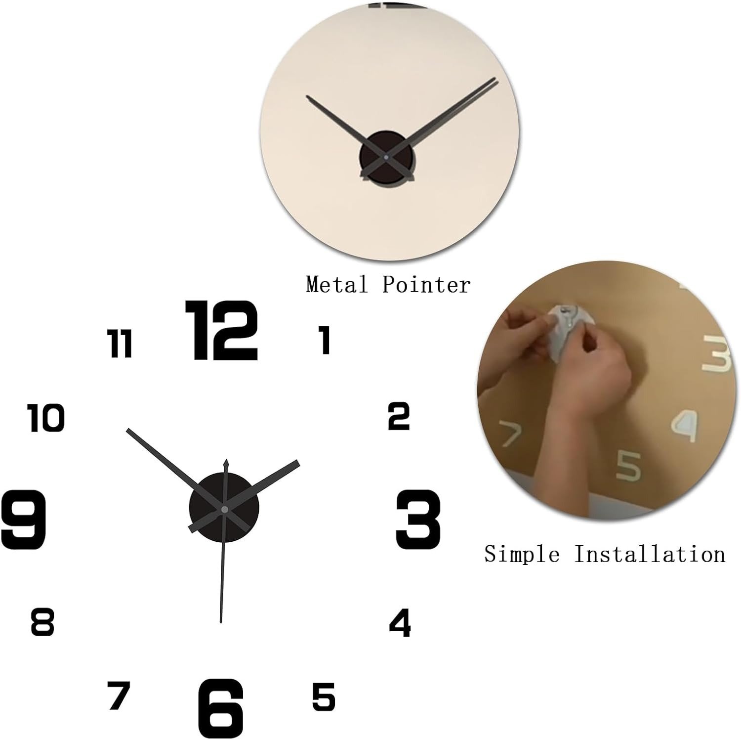 RELOJ de pared 3D- 50x50cm adhesivo Negro - Imagen 3