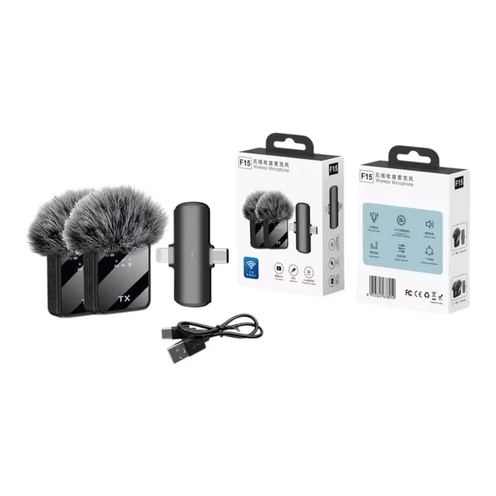 MICROFONO Inalámbrico de Solapa f15Doble Receptor Antipop peludo-2 Set X2 (2 en 1) - Imagen 2