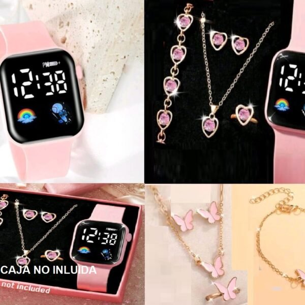 RELOJ PARA NIÑA  en conjunto arete anillo cadena pulsera