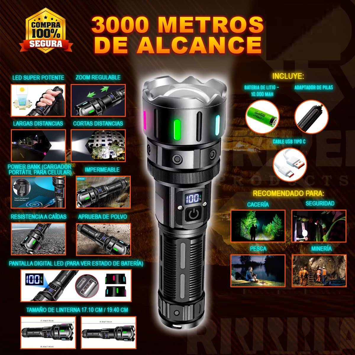 LINTERNA DE VIGILANTE Zoom Táctica Con Base E Imán Recargable Modelo W5242 - Imagen 2