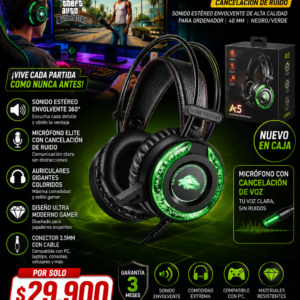 DIADEMA GAMER USB CON MICROFONO A5  estéreo cable juegos de 0.138 .oreja LED con cancelación de ruido