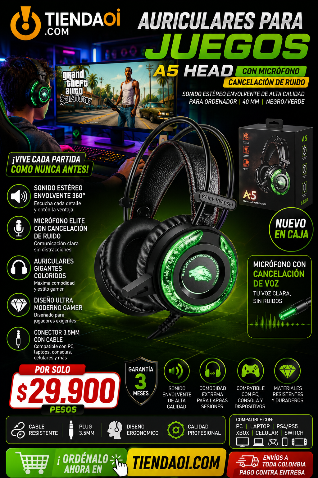 DIADEMA GAMER USB CON MICROFONO A5 estéreo cable juegos de 0.138 .oreja LED con cancelación de ruido