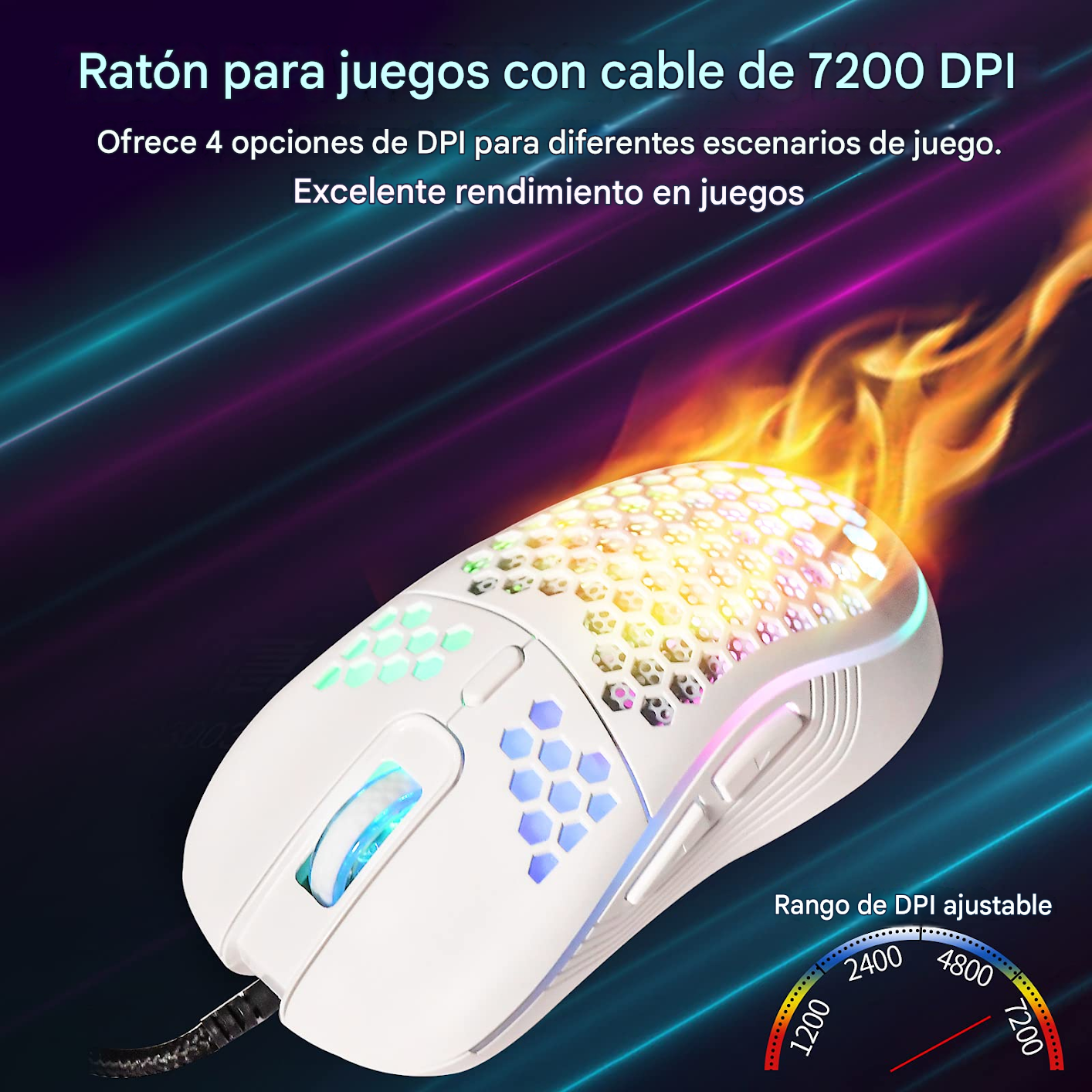 MOUSE GAMER D-110 ultraligero panal de abeja,12800 DPI, 6 botones RGB , cable sin arrastre - Imagen 3