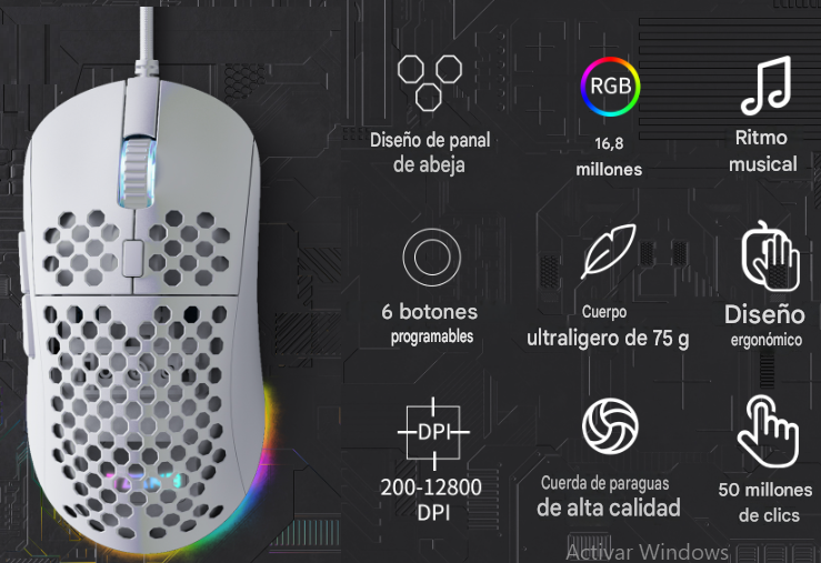 MOUSE GAMER D-110 ultraligero panal de abeja,12800 DPI, 6 botones RGB , cable sin arrastre - Imagen 18