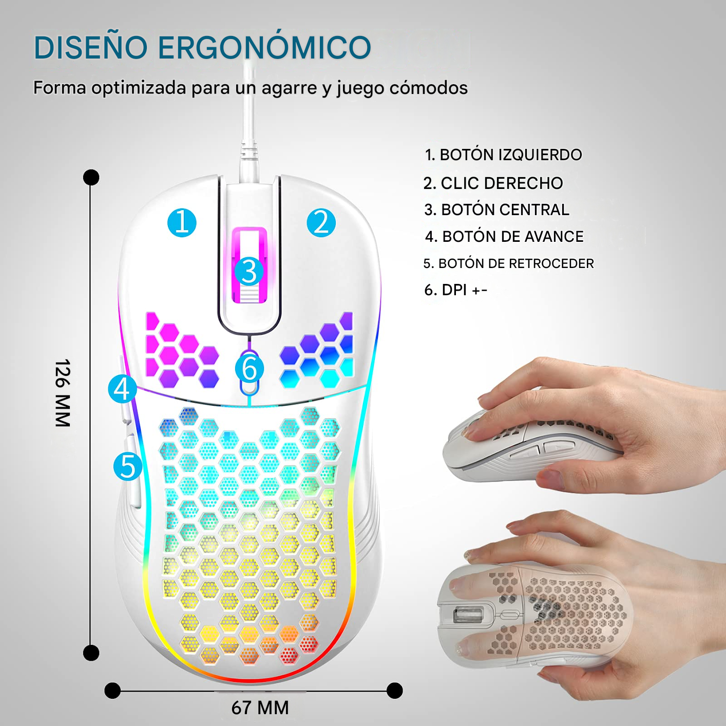 MOUSE GAMER D-110 ultraligero panal de abeja,12800 DPI, 6 botones RGB , cable sin arrastre - Imagen 4