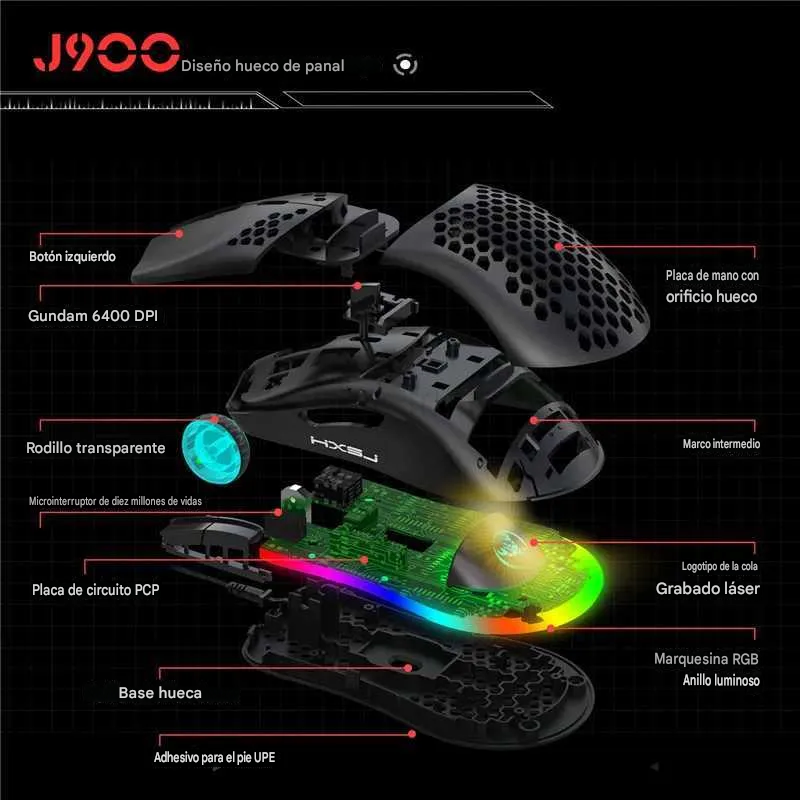 MOUSE GAMER D-110 ultraligero panal de abeja,12800 DPI, 6 botones RGB , cable sin arrastre - Imagen 9