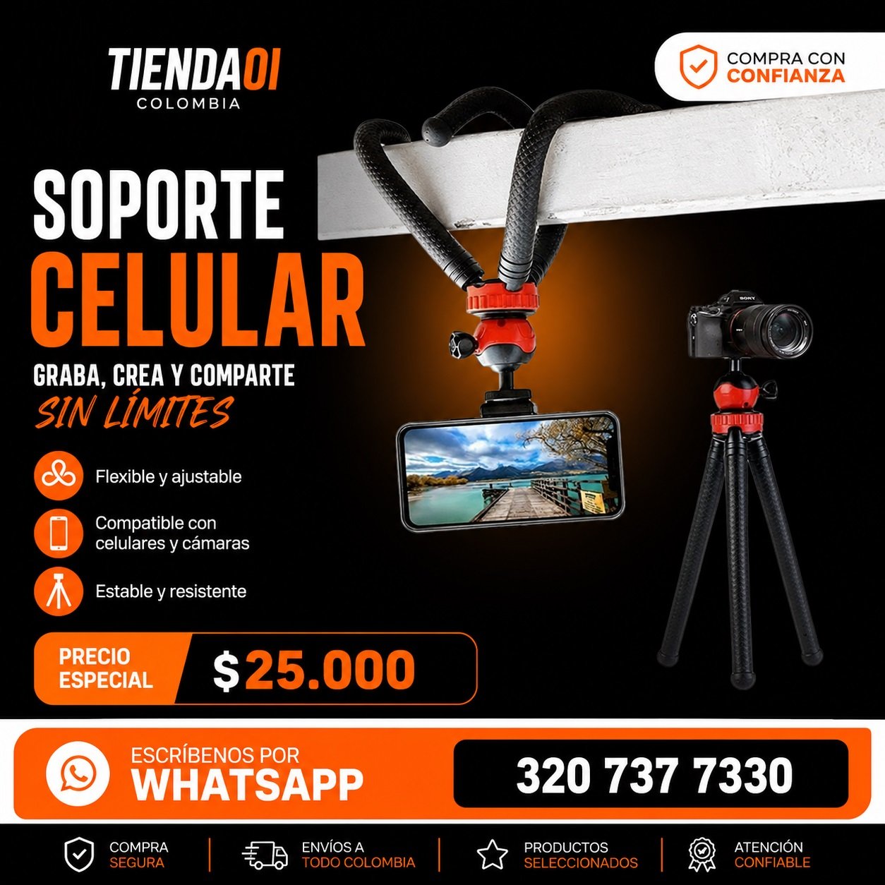 TRIPODE PARA CELULAR PULPO GRUESO FLEXIBLE - Imagen 6