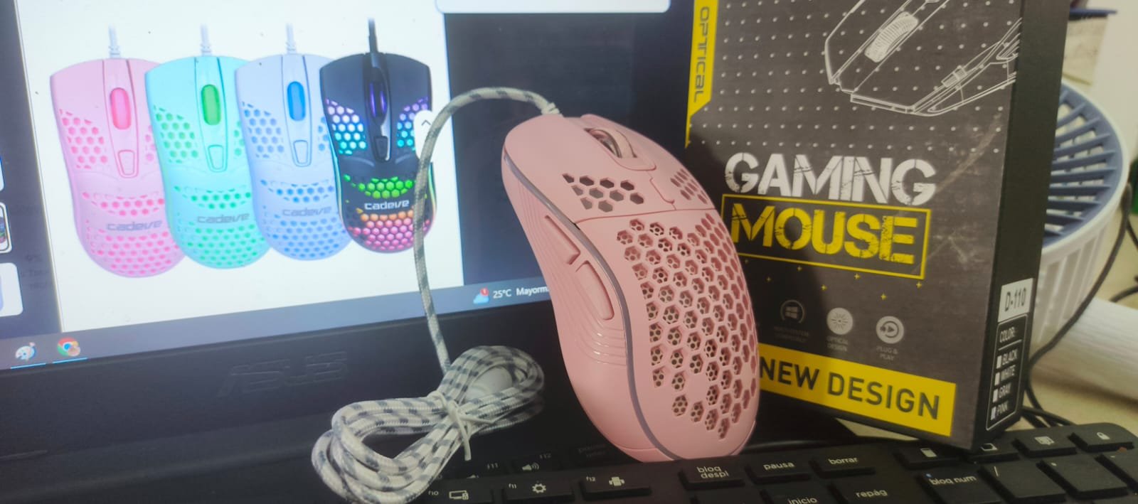MOUSE GAMER D-110 ultraligero panal de abeja,12800 DPI, 6 botones RGB , cable sin arrastre