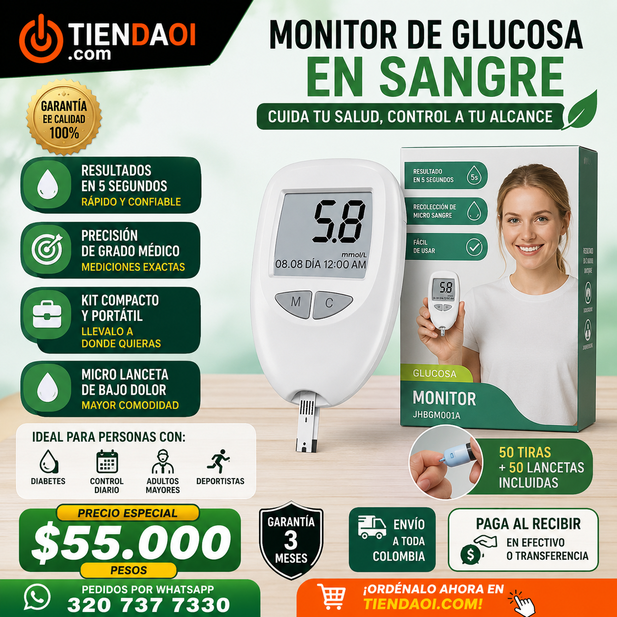 GLUCOMETRO monitoriza la glucosa en sangre el azúcar doméstico 50Tiras 50 Lancetas lapiz