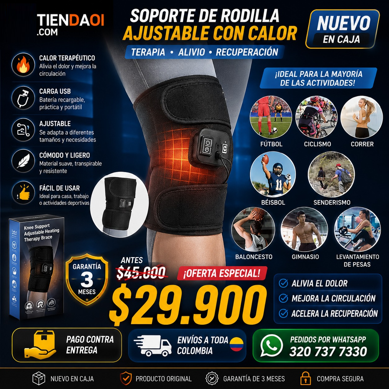 FAJA RODILLERA Almohadilla térmica 3 temperaturas, terapia térmica para el dolor articular, hinchazón, calambres y reumatismo.