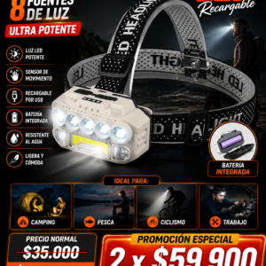 LINTERNA Minera cabeza  Frontal BRIGHT HX-817S LED + COB, Recargable, 5 Modos, Resistente al Agua