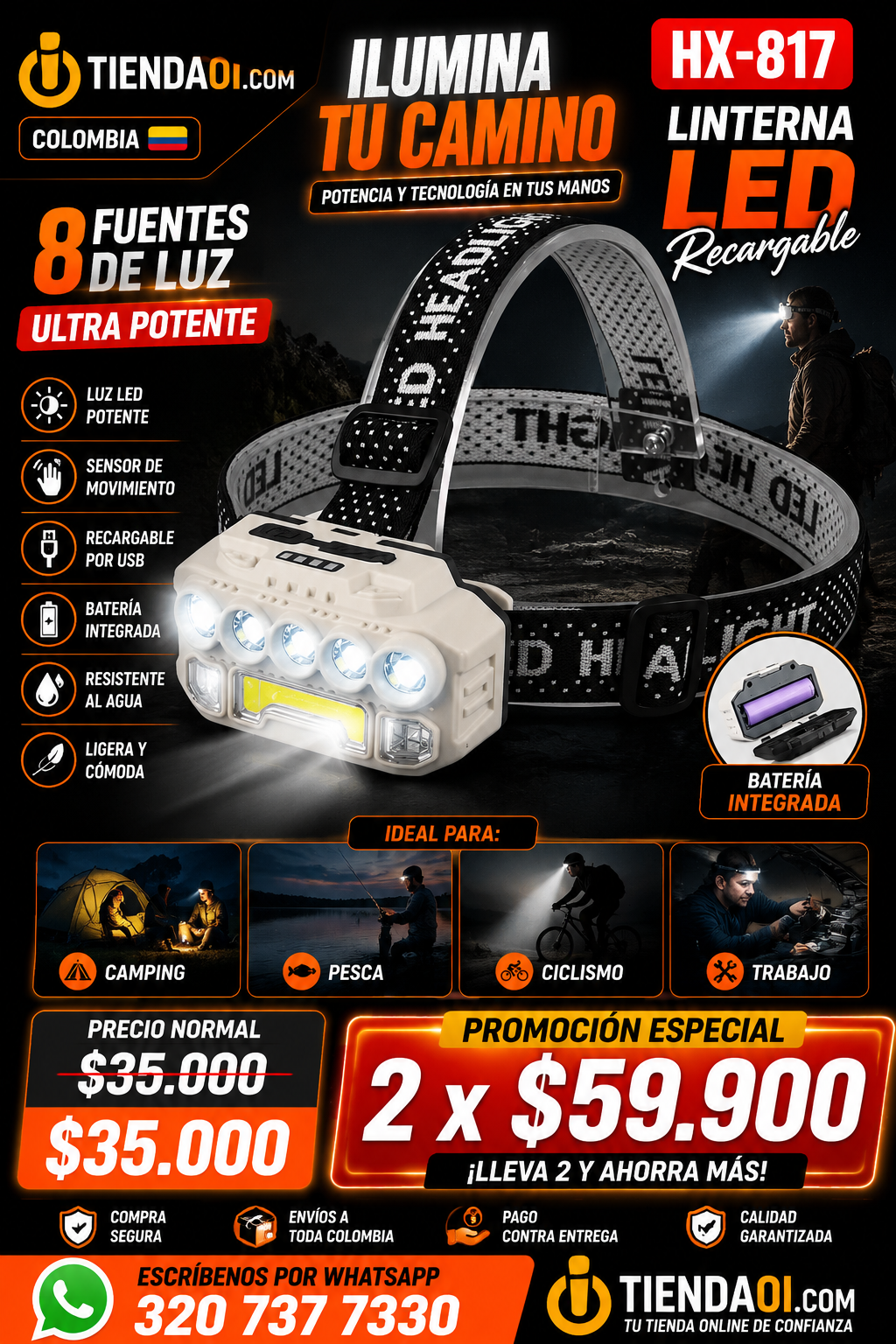 LINTERNA Minera cabeza Frontal BRIGHT HX-817S LED + COB, Recargable, 5 Modos, Resistente al Agua