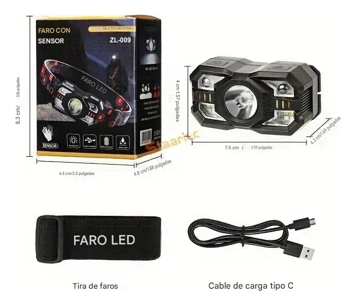 LINTERNA Minera sensor zl-009 usb LED Roja, IPX4, 2000LM, (2x40mil) - Imagen 5