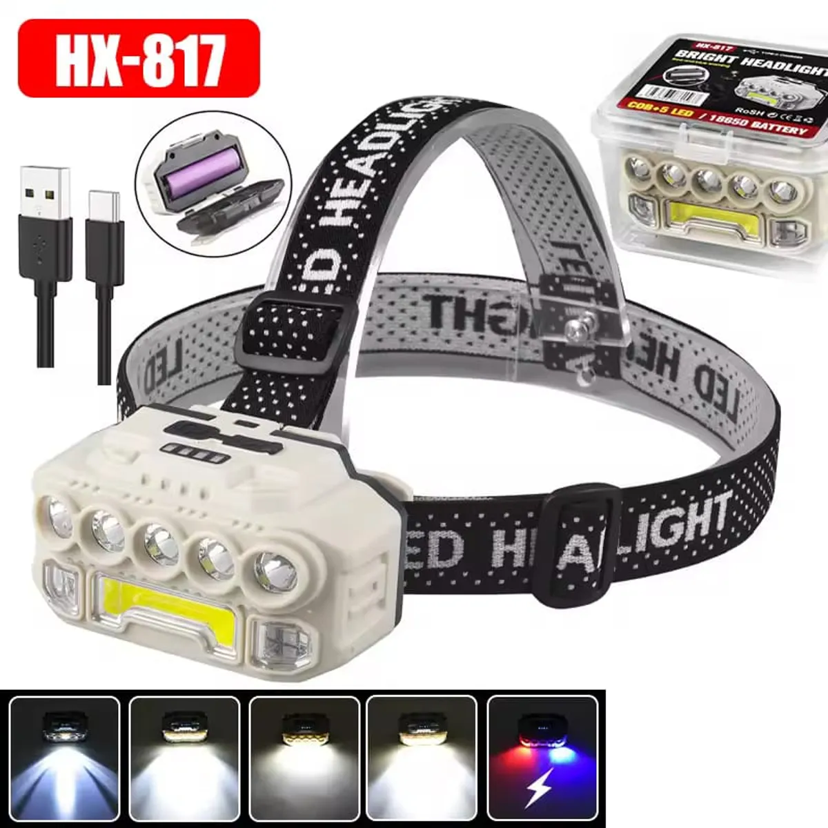 LINTERNA Minera cabeza Frontal BRIGHT HX-817S LED + COB, Recargable, 5 Modos, Resistente al Agua - Imagen 2