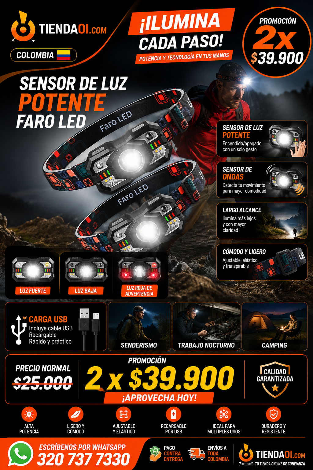 LINTERNA Minera sensor zl-009 usb LED Roja, IPX4, 2000LM, (2x40mil) - Imagen 16