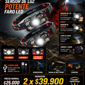 LINTERNA Minera sensor zl-009 usb LED  Roja, IPX4, 2000LM, (2x40mil)