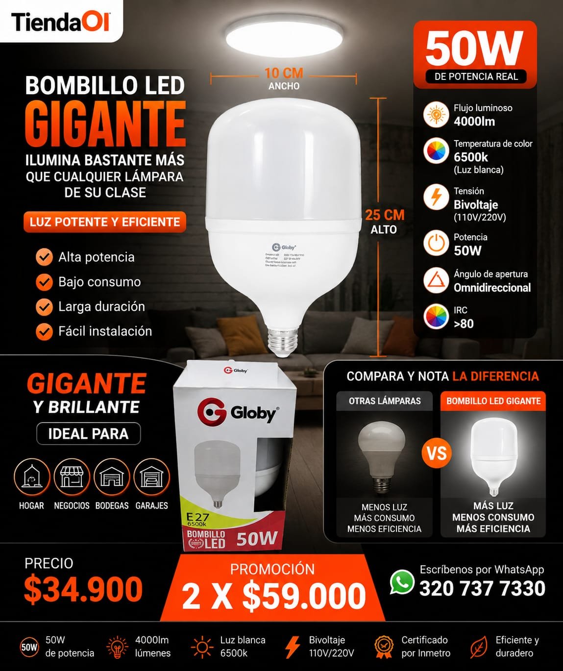 BOMBILLO AHORRADOR Gigante 50W E27 Globy