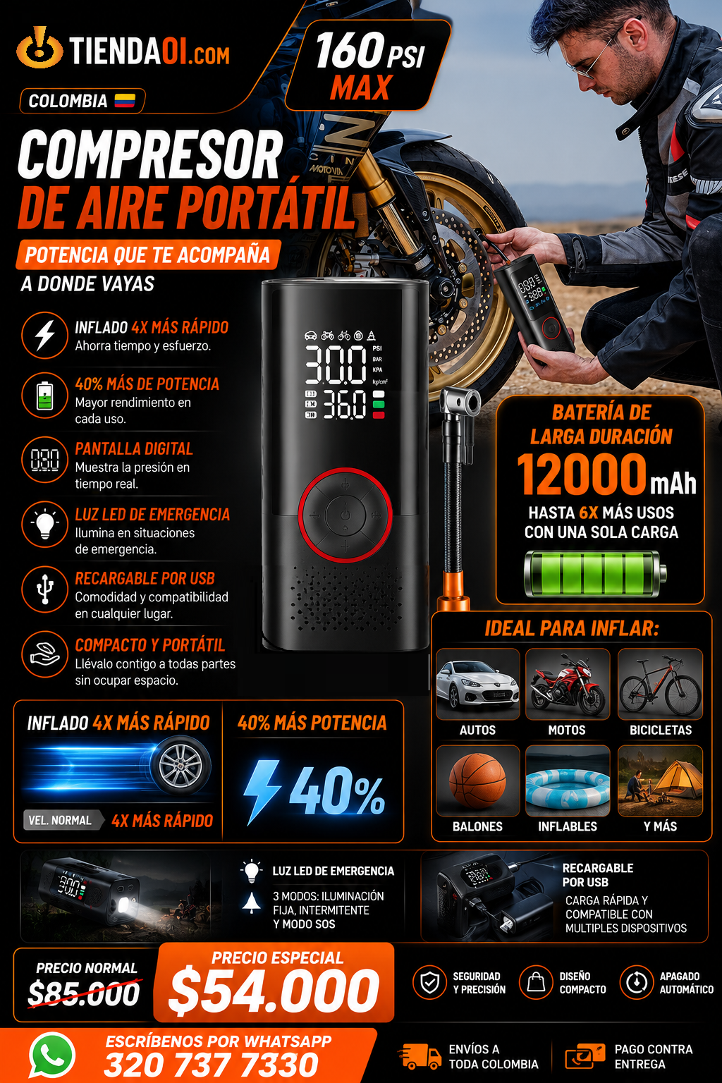 COMPRESOR AIRE 30s mini inflador recargable 150PSI Digital (portable inflator)