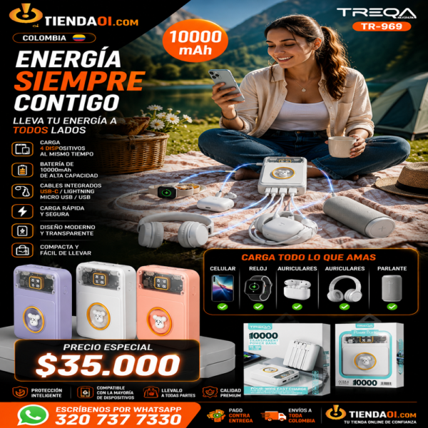 POWERBANK Treqa TR-969 de 10000 mAh con cables USB incorporados.