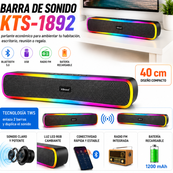 Parlante Bluetooth económico KTS-1892 40 cm – luces RGB, FM y USB