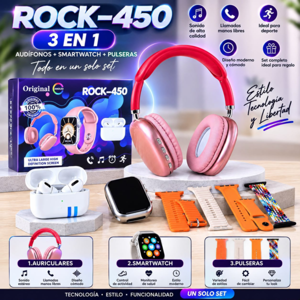 RELOJ DIADEMA SMARWATCH Rock 450 Auriculares + Auriculares +4CORREAS