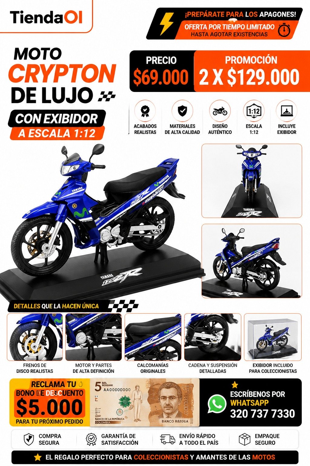 MOTOCICLETA CRYPTON DE LUJO REPLICA ESCALA 1:12 REF:500718 con exhibidor