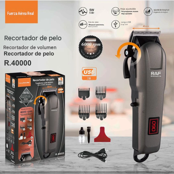 Maquina peluqueria peluquera con palanca patillera recargable tipo profesional Raf40000 1200mAH 6000RPM pantalla led usb