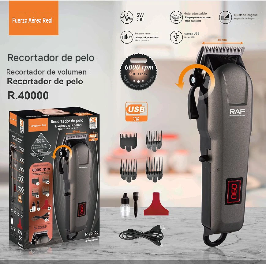 Maquina peluqueria peluquera con palanca patillera recargable tipo profesional Raf40000 1200mAH 6000RPM pantalla led usb