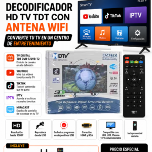 DECODIFICADOR HD TV TDT CON ANTENA WIFI – youtube,ticktock, iptv y duplicador de pantalla de celular MIRACAST