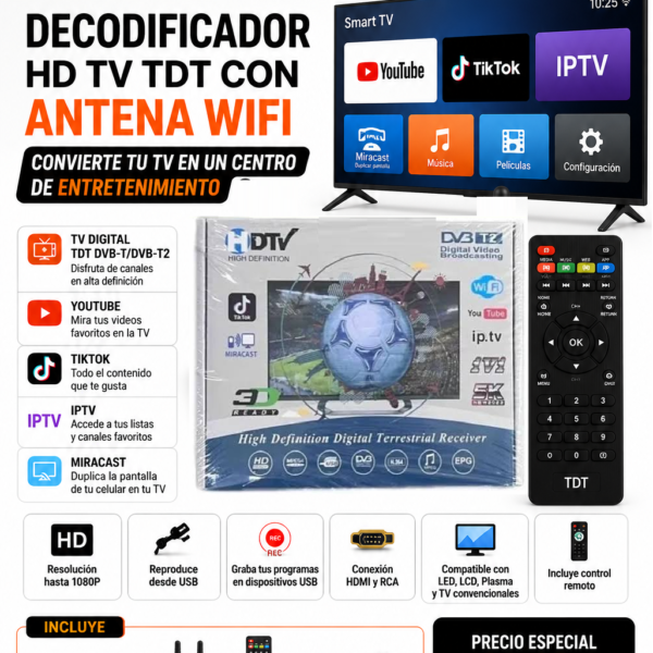 DECODIFICADOR HD TV TDT CON ANTENA WIFI - youtube,ticktock, iptv y duplicador de pantalla de celular MIRACAST