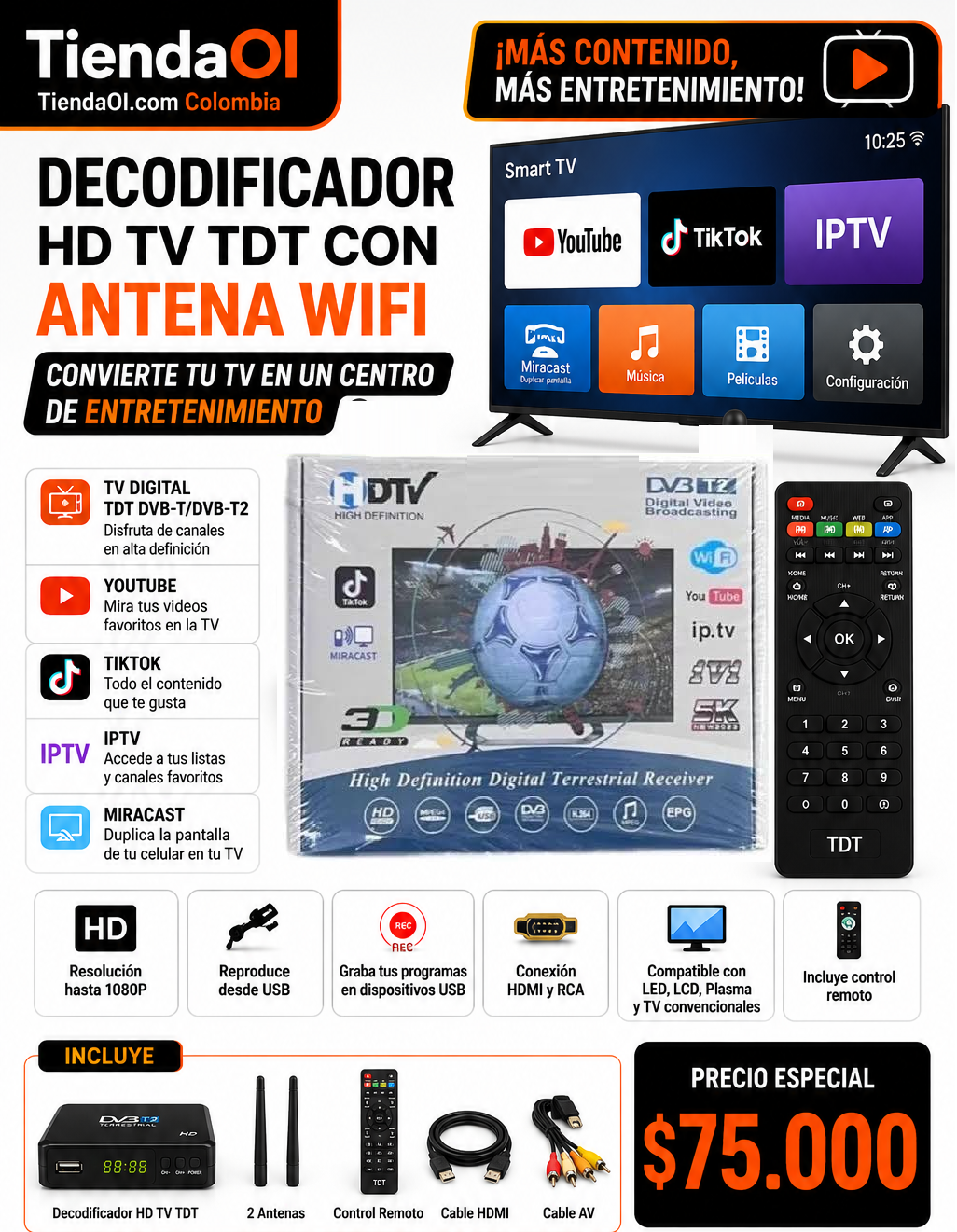 DECODIFICADOR HD TV TDT CON ANTENA WIFI - youtube,ticktock, iptv y duplicador de pantalla de celular MIRACAST
