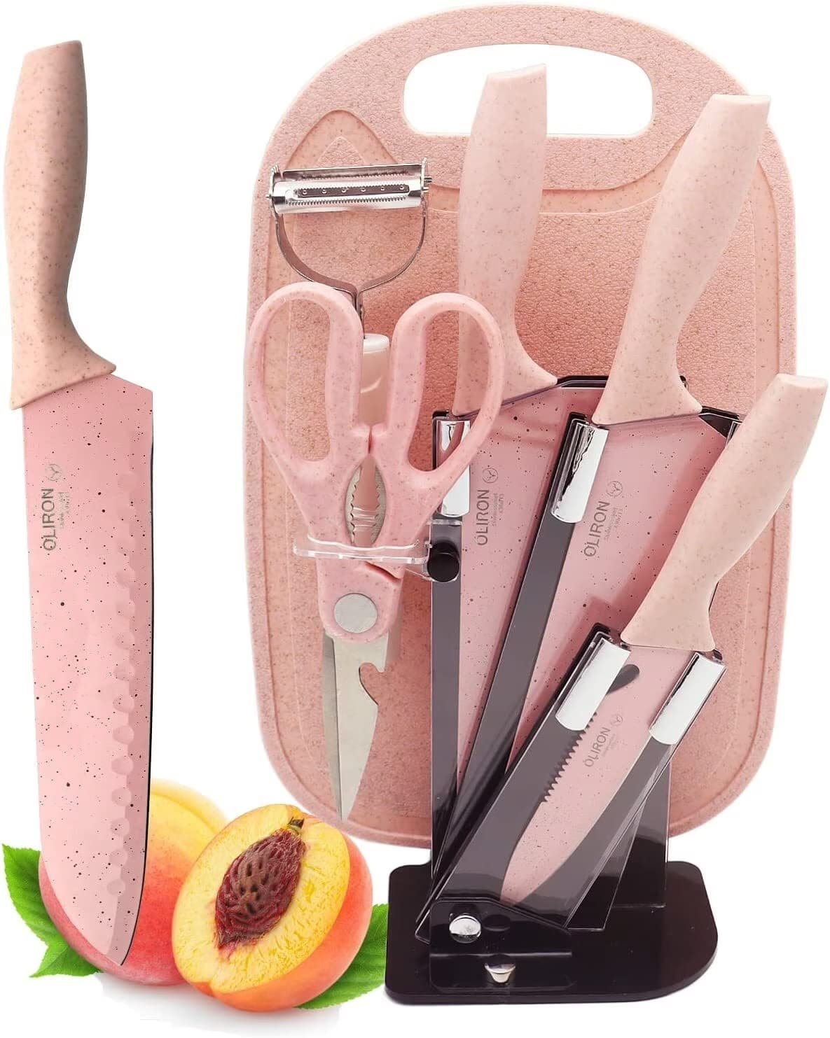 CUCHILLOS SET COCINA 7x rosa acero inoxidable antiadherentes con 1 tijera, 1 pelador, soporte y tabla de cortar - Imagen 2