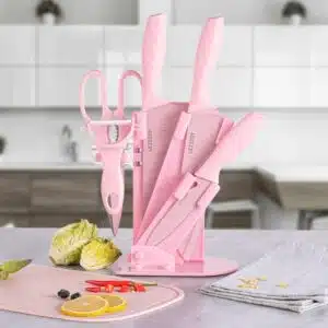 CUCHILLOS  SET COCINA 7x rosa acero inoxidable antiadherentes con 1 tijera, 1 pelador, soporte y tabla de cortar