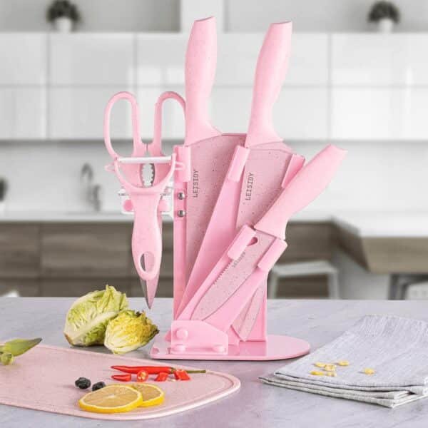 CUCHILLOS  SET COCINA 7x rosa acero inoxidable antiadherentes con 1 tijera, 1 pelador, soporte y tabla de cortar