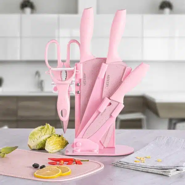 CUCHILLOS  SET COCINA 7x rosa acero inoxidable antiadherentes con 1 tijera, 1 pelador, soporte y tabla de cortar