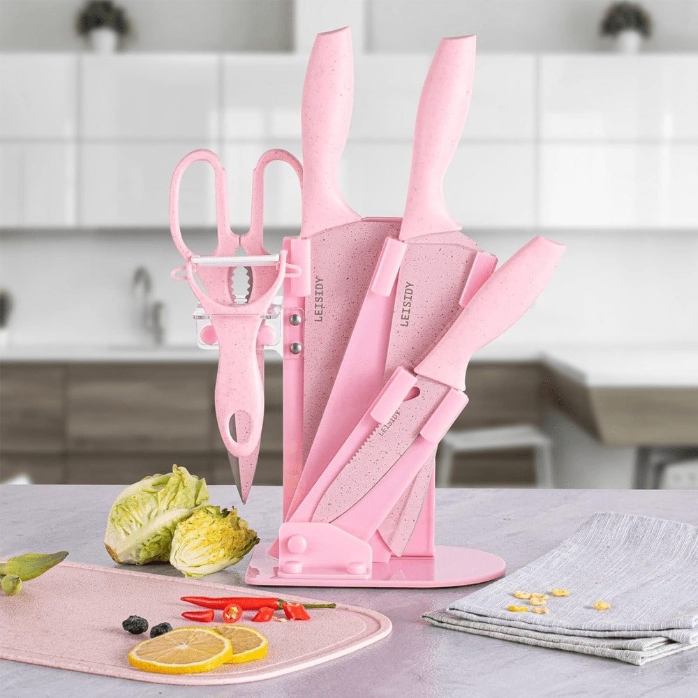 CUCHILLOS SET COCINA 7x rosa acero inoxidable antiadherentes con 1 tijera, 1 pelador, soporte y tabla de cortar